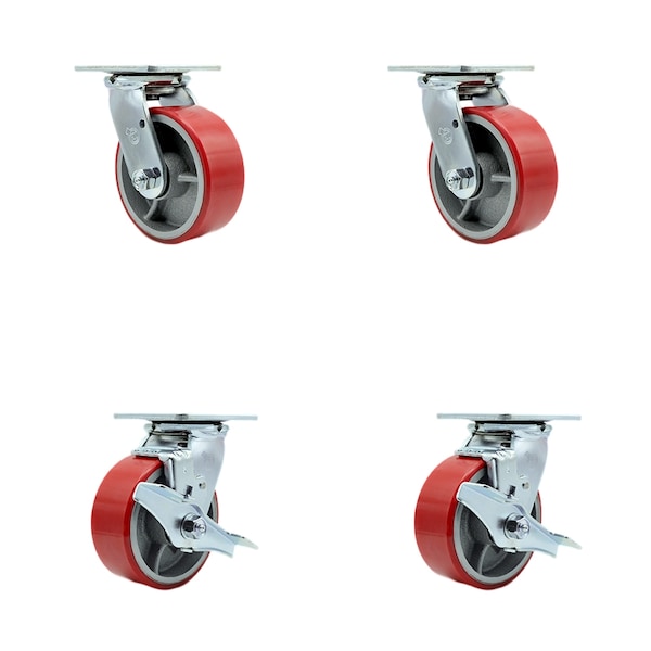 5 Inch Red Poly on Cast Iron Swivel Caster Set with Ball Bearings 2 Brakes SCC